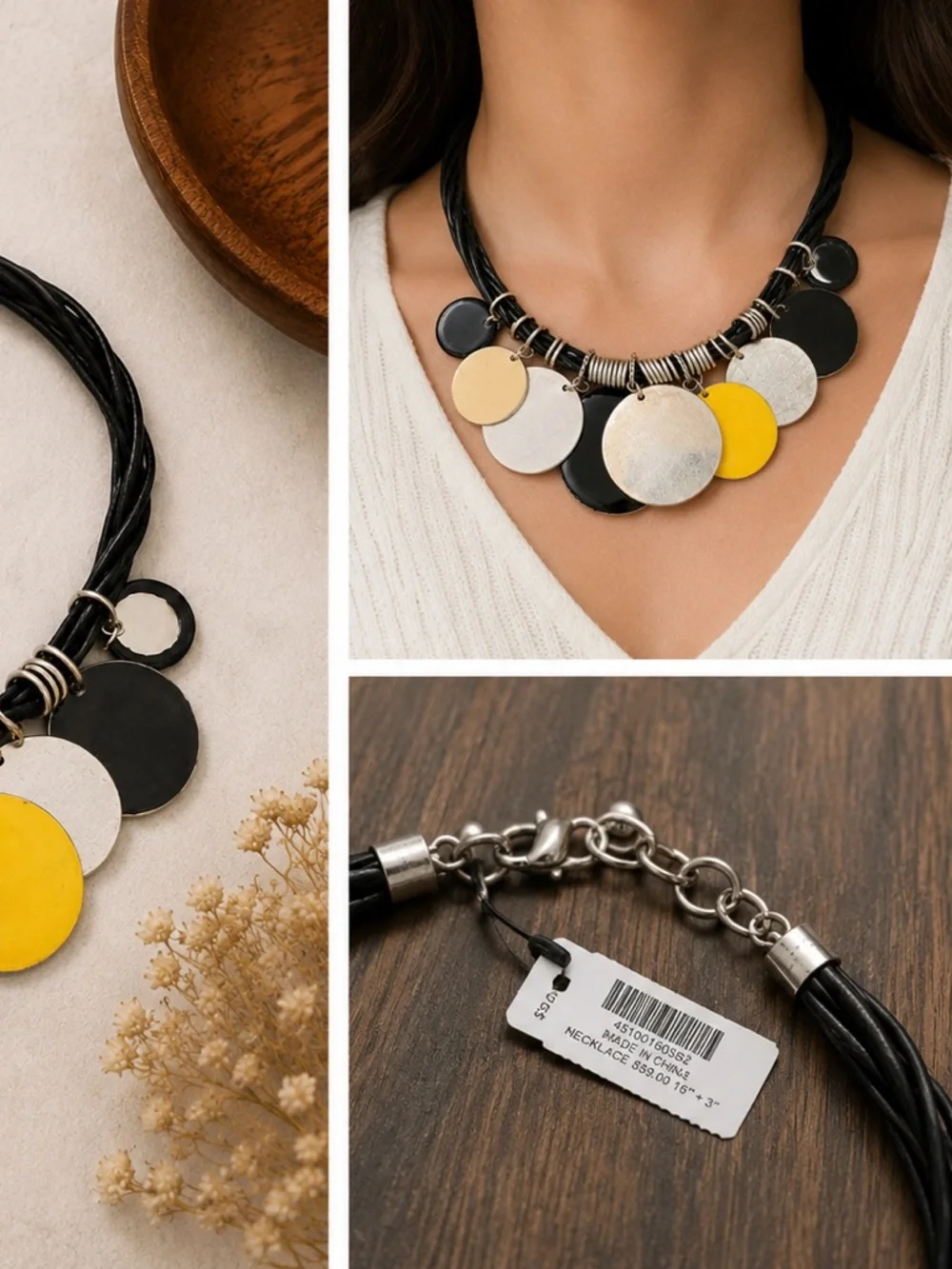 Chico’s Statement Disc Necklace Mixed Metal Black Cord NWT